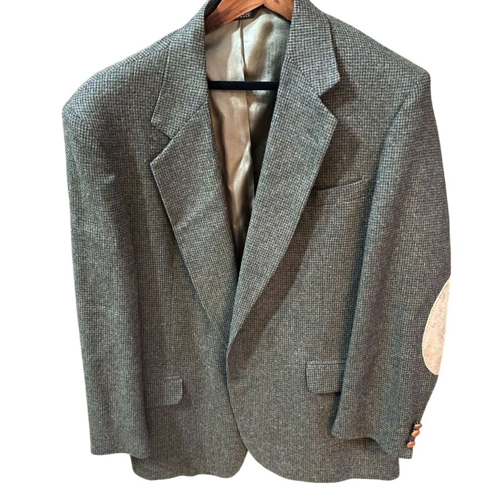 Stuart Hughes Men’s Blazer Sport Coat 44L Brown Houndstooth Elbow Patch Wool